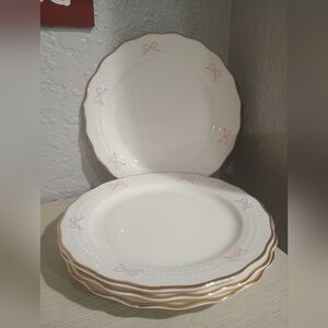4) Pink Bow Dessert Plate Appetizer Plates Gold Scalloped Trimmed New 8"